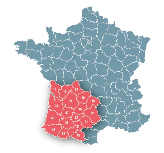 Carte de France — zone d'intervention de LR Mesures dans le sud-ouest